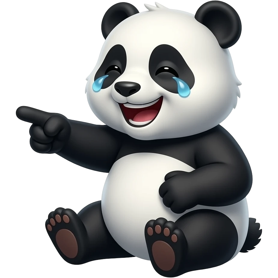 a sitting panda facing sideways laughing with tears with one paw pointing and another paw on it stomach emoji