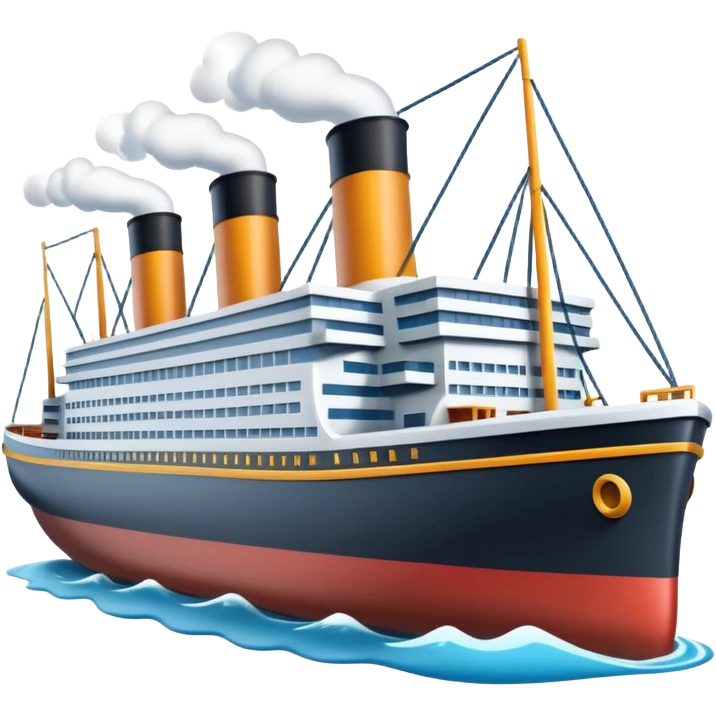 A miniature 3D Titanic ship emoji in Apple style, small and compact with smooth glossy surface, bright clean colors, simplified but recognizable details like smokestacks and windows, no facial features, floating on calm ocean, soft shadows, high-quality render, isolated on white background.



 emoji