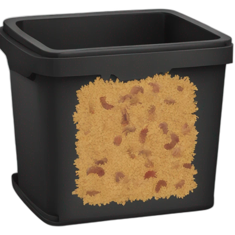 Black cubic plastic container with wood shavings and earthworms inside emoji