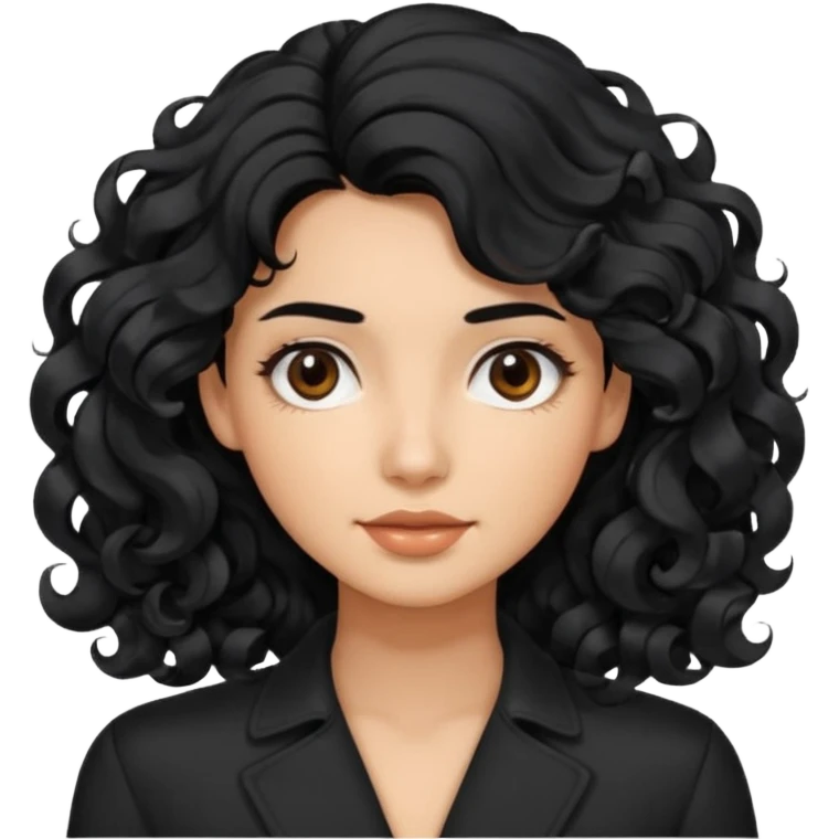 This avatar has shoulder-length black hair styled in large, wavy curls that frame the face, giving a soft and natural look. emoji