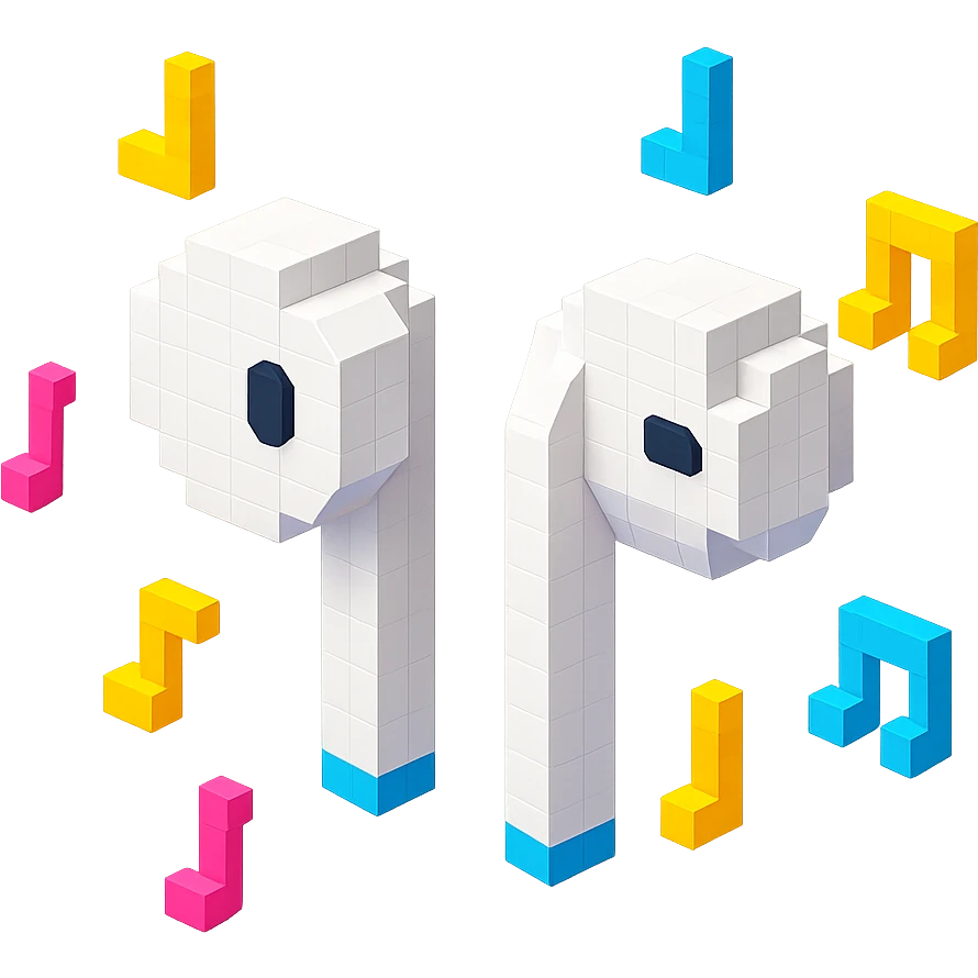 white EarPods headphones with a playful twist, floating in mid-air, surrounded by tiny music notes emoji