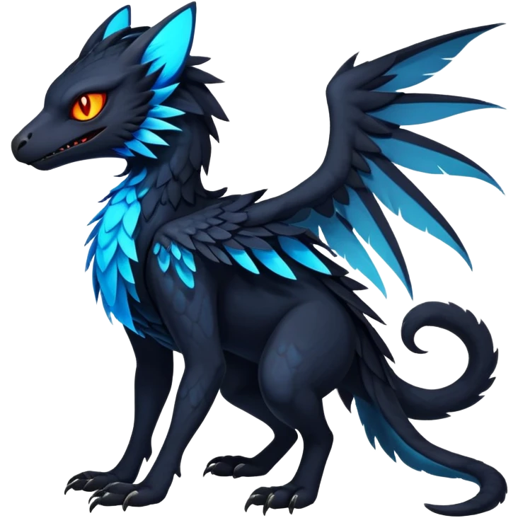 Black Dark Exotic Beaked Feathery Nocturnal Neon-glowing Abyssal Nightly Abyss-Cat-Gryphon-Salandit-Nargacuga-Silvally-Fakémon Creature (full body) emoji