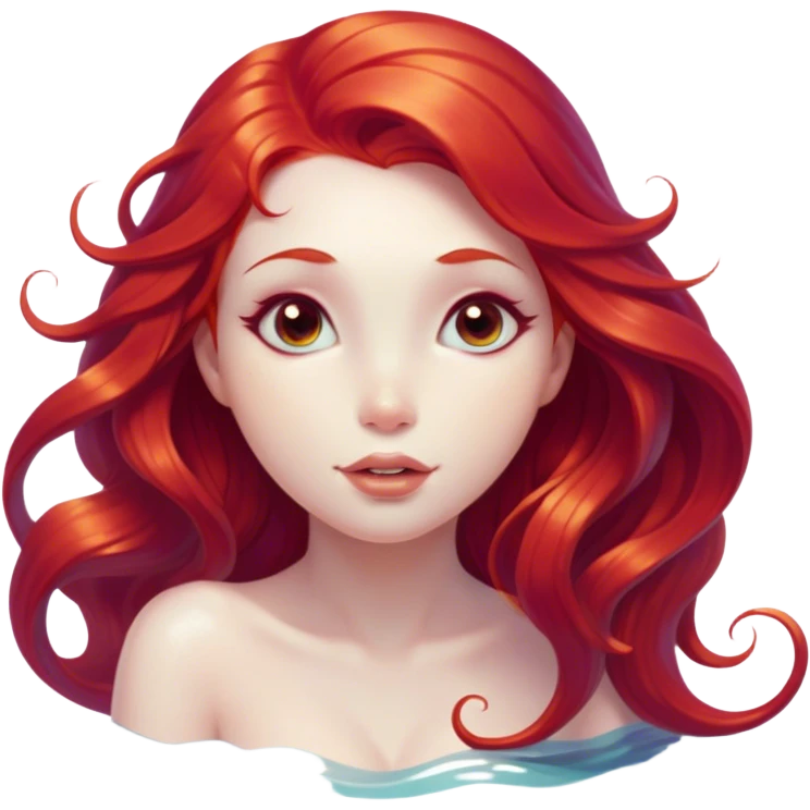Cinematic Realistic Red Hair Mermaid Portrait, head tilted playfully and inquisitively, showcasing an ethereal form with finely detailed, flowing red hair against luminous porcelain skin. Her bright, curious eyes sparkle like hidden gems beneath the gentle caress of underwater light, rendered with lifelike clarity and warm, filtered illumination—capturing the essence of a spirited mermaid ready to splash playfully into your imagination. emoji