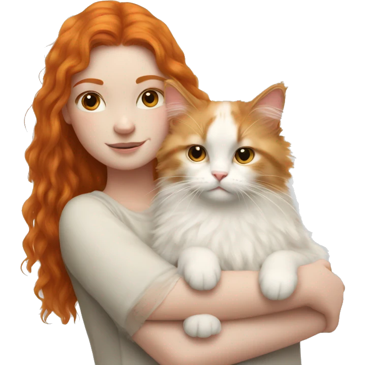 Ginger girl cuddling white ragdoll fluffy cat  emoji