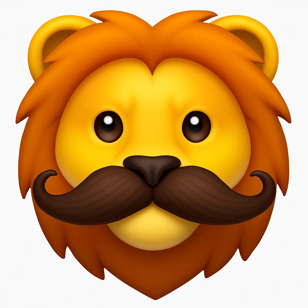 Make a lion emoji exactly like the reference image, in iOS emoji style. Same face, mane, and mustache, smooth and shiny. Add a subtle highlight. emoji