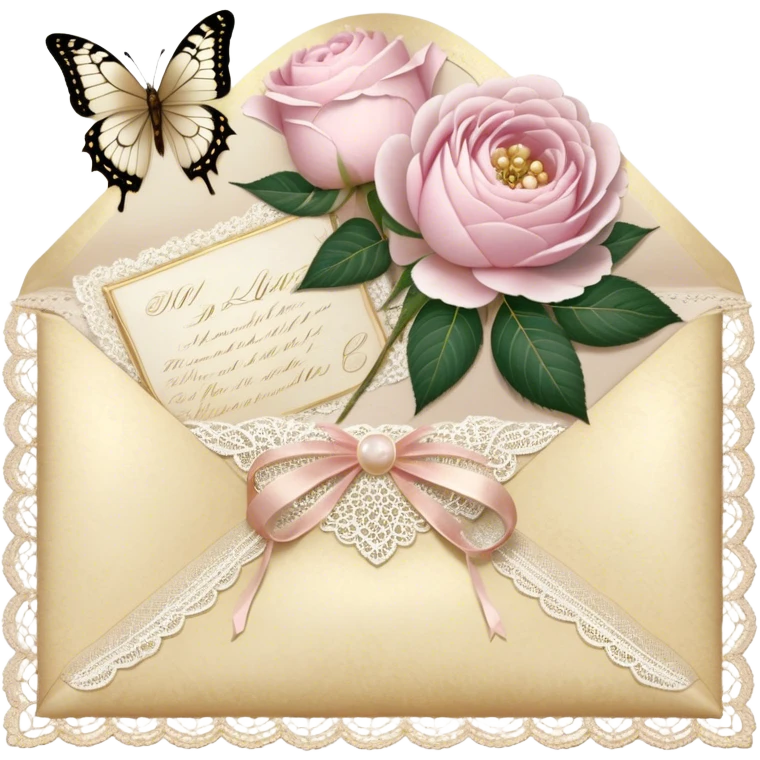 A delicate still life of an aged love letter sealed with golden wax, placed on a vintage lace doily, accompanied by a bouquet of pale pink roses and white peonies, with a shimmering pearl butterfly resting on the envelope. emoji