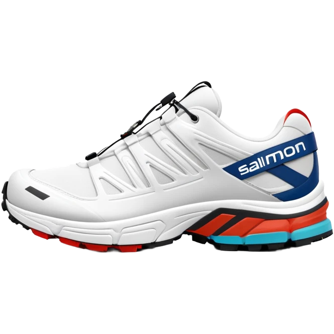Clean white Salomon XT-6 sneakers with prominent colored Salomon logo stripe in the middle, one behind the other, iOS emoji style, white design with only the middle brand stripe in color emoji
