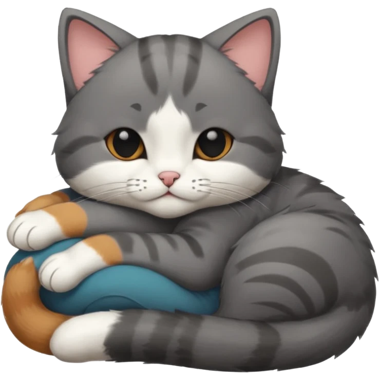 dark grey and white small cat with his eyes closed, leaning his head on his paw while leaning on his elbow lying down emoji