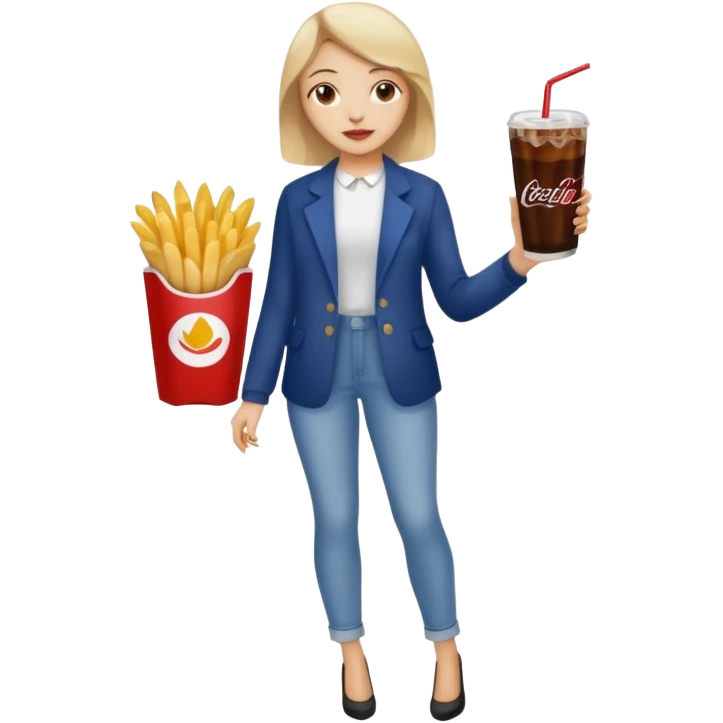 a young woman full length with cola in one hand and french fries in the other hand and a painting under her arm emoji