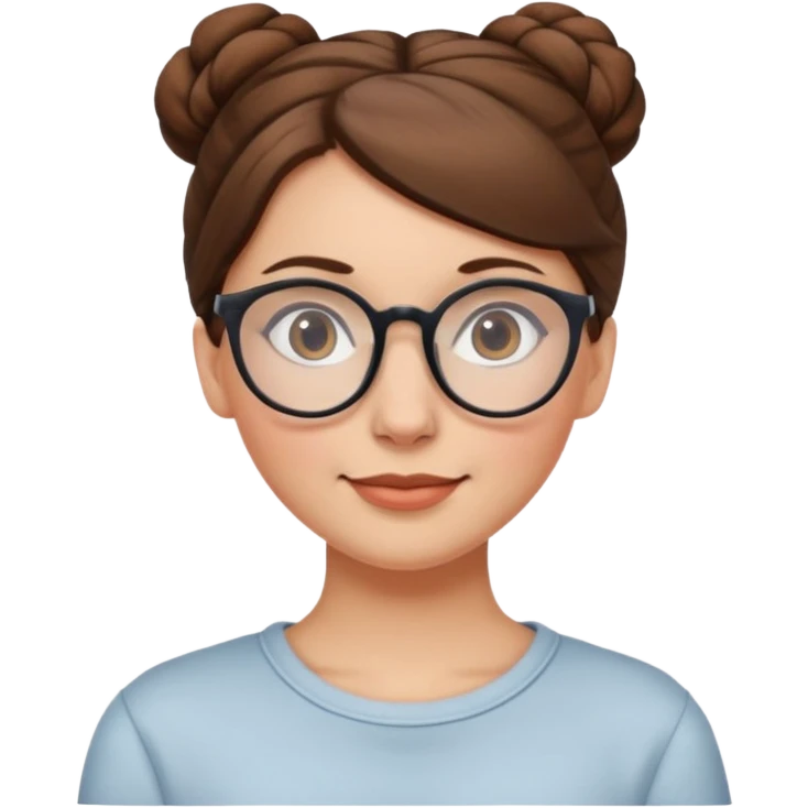 white European woman with brown hair in a bun, wearing glasses, friendly emoji