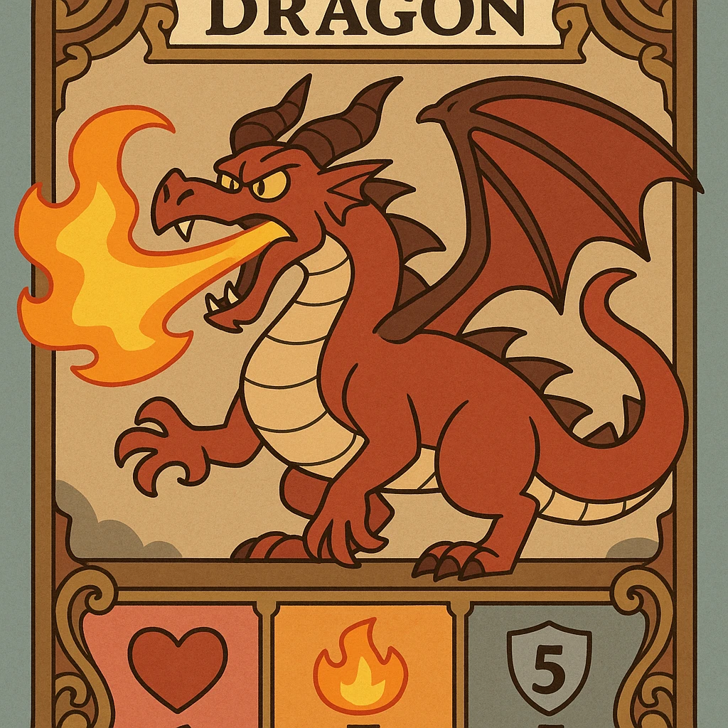 fantasy trading card showing a majestic fire-breathing dragon with stats for health, fire, and armor included, intricate card frame, rich textures, bold colors, epic and dramatic style emoji