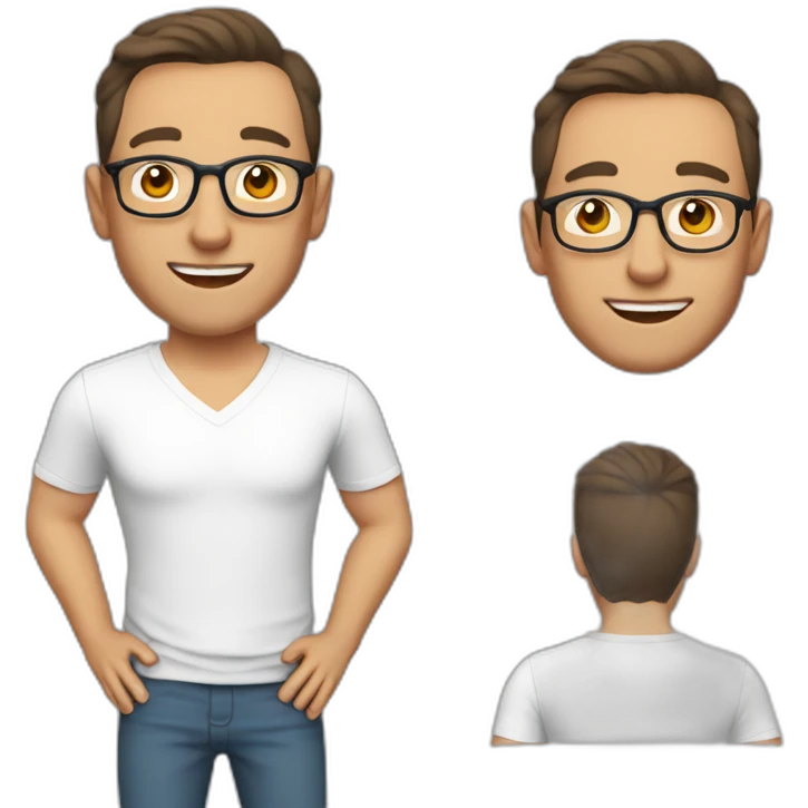Middle aged gay male with brown hair, round glasses, earrings,silver necklace,smooth shaven emoji