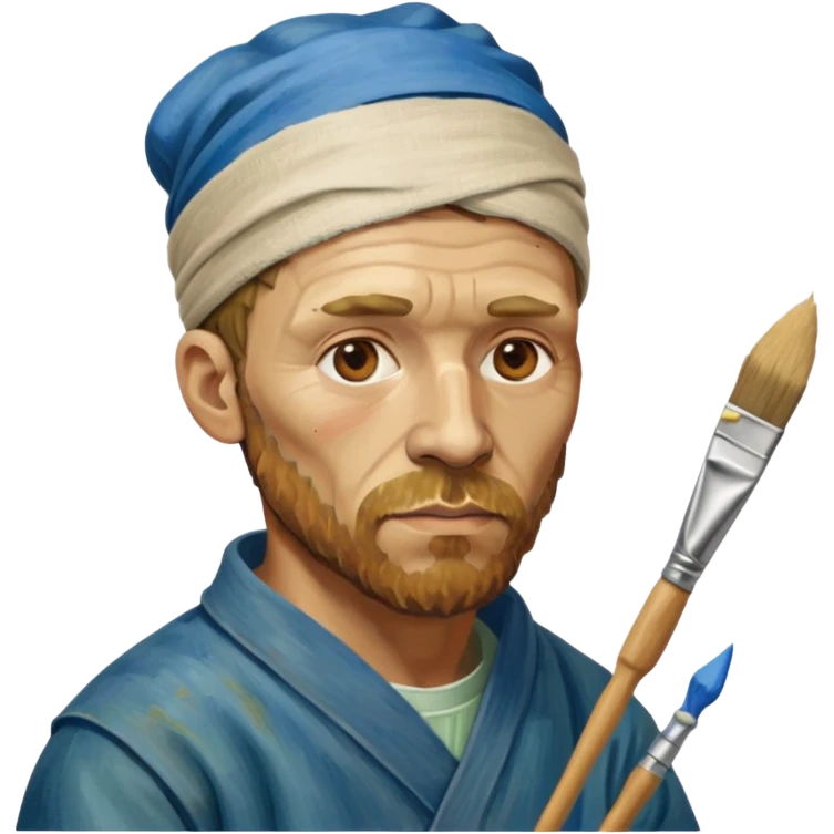 van gogh paints on a canvas. his ear is bandaged. emoji