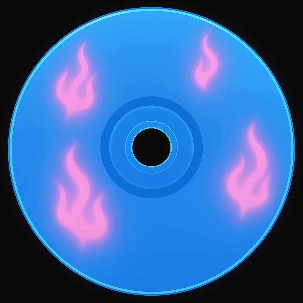A minimalist CD disc with subtle pink flames, glowing effect, variation 2, color: blue, larger CD size emoji
