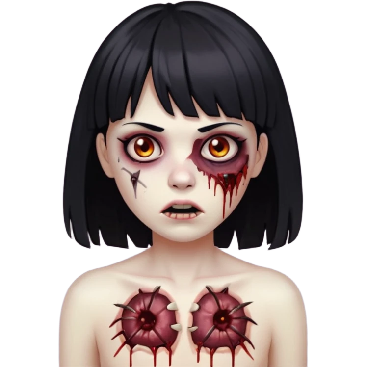 Um zumbi feminino, com cabelo preto e franja, machucados pelo rosto e torso emoji