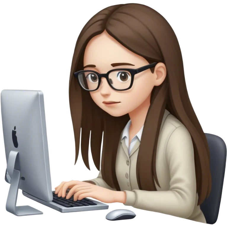 pale brunette girl with long hair wearing glasses working on computer looking down emoji