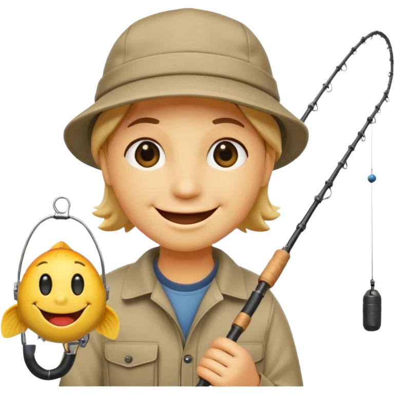 smiley face holding a fishing pole and wearing a fishing cap emoji