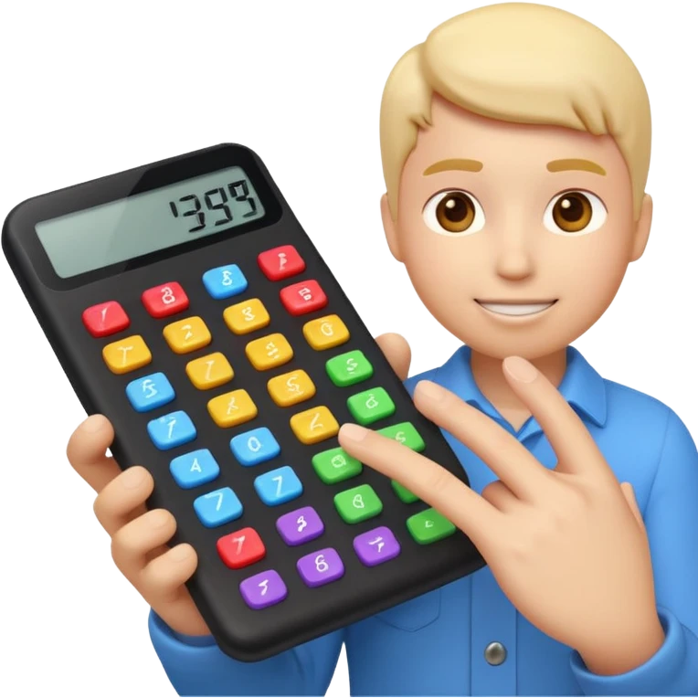3D iPhone style emoji of a person using a calculator, finger pressing colorful buttons, digital display showing numbers, isolated on white background, soft shadows, high detail, playful and cute. emoji