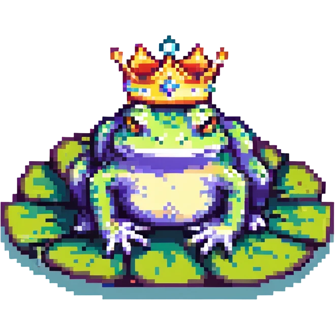 pixel art crowned frog, sitting on a lily pad emoji