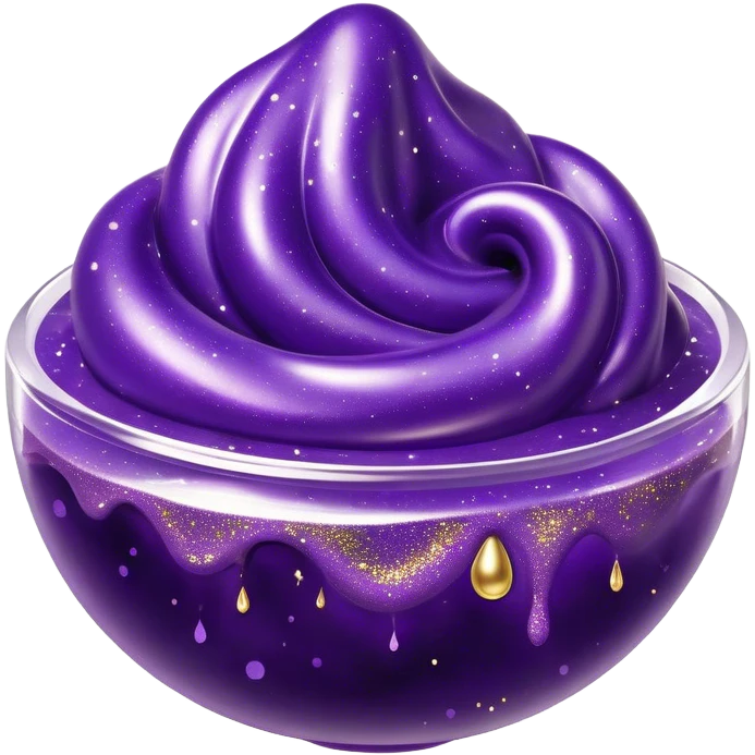 Cinematic Realistic Shiny Slime Mixed with Glitter, thick and glossy with swirling metallic flecks suspended inside, a dynamic mix of deep purple and golden sparkles, light catching every shimmer, flowing smoothly with realistic folds and ripples, glowing with an enchanting, almost liquid-metal effect. emoji