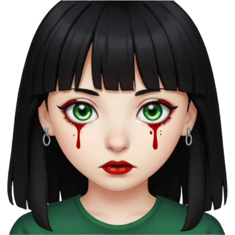 Guria com cabelo preto franjinha sangrando olhos verdes  fundo preto e um piercing bridgepiercing emoji