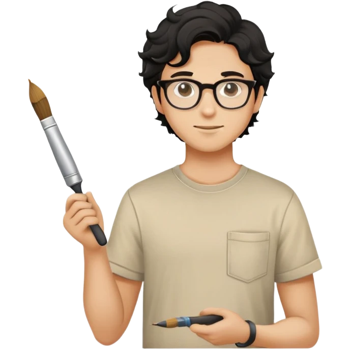Young caucasian man with black wavy hair, round glasses, beige painting shirt, holding a square paintbrush emoji