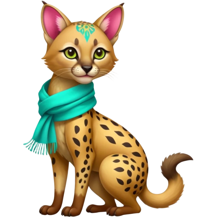 Colorful cute adorable tropical exotic fruity kiwi-green lemony rosy-pink blushing pastel neon-red Caracal-Cheetah-Civet-Trico-fusion-hybrid-animal-creature, full body, with tribal tattoos, wearing a yellow-and-cyan scarf emoji