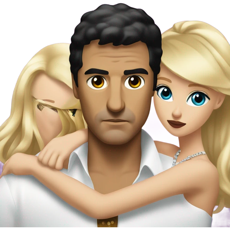 Tony Montana serious with 2 beautiful blondes with their arms around him emoji