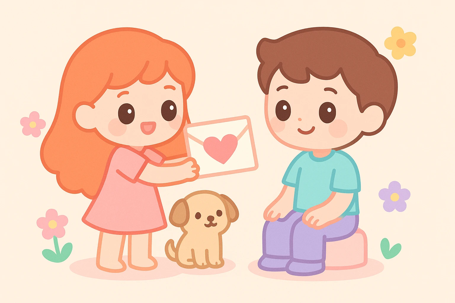 A red-haired girl giving a boy a handmade love letter, with flowers and a cute dog nearby. emoji