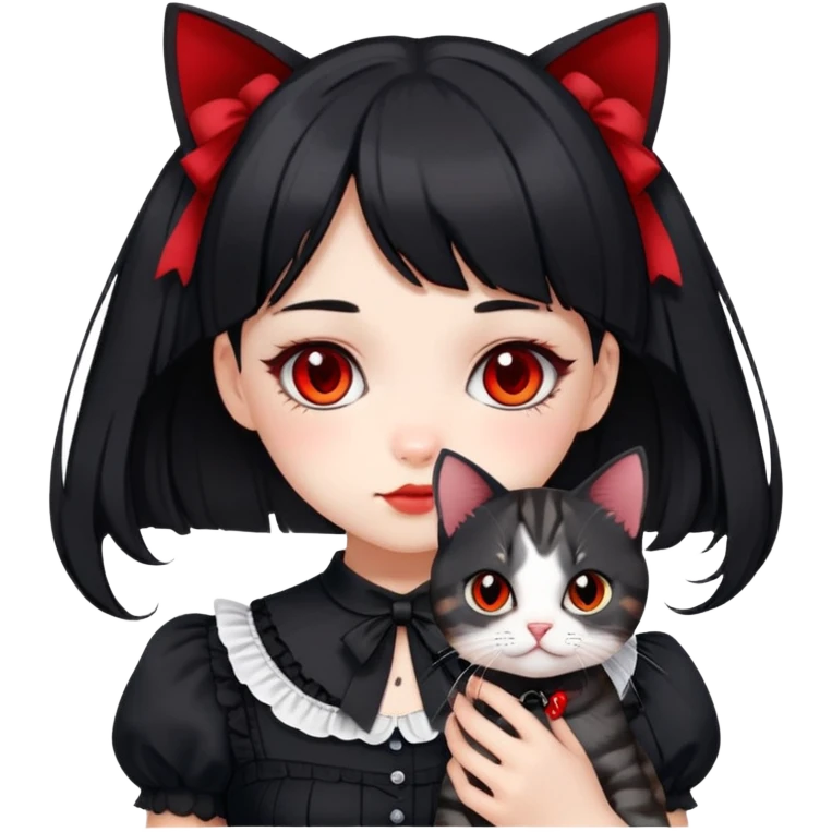 girl wearing black Lolita style dress, with medium-length black hair with red tips, and a black American Shorthair tabby cat emoji
