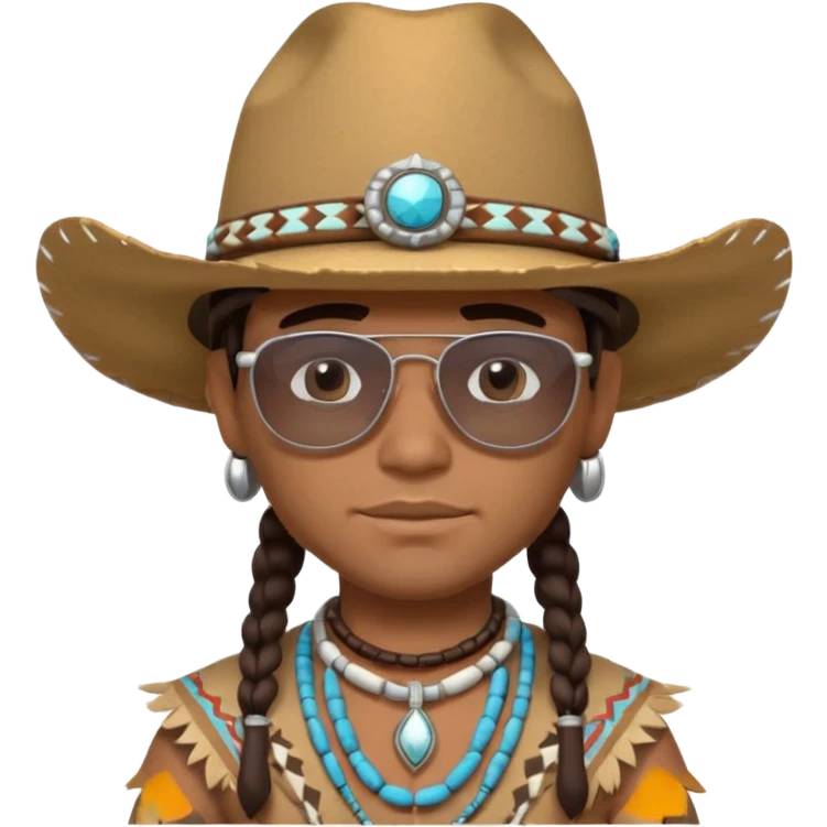 cute Indigenous tribal male portrait, head and shoulders only, cowboy hat, sunglasses, tribal jewelry, confident expression, 3D cartoon, mobile game icon style, clean background, no text, no watermark
 emoji
