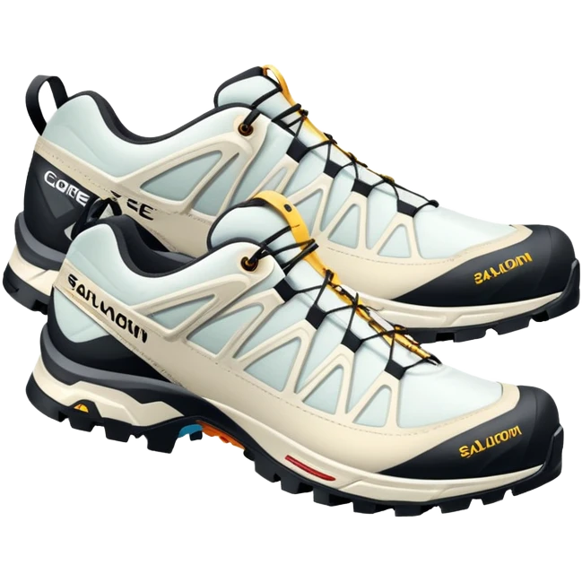Minimalist iOS-style emoji of white Salomon XT-6 Gore-Tex shoes positioned as a pair with one behind the other, simple clean lines but recognizable technical hiking shoe details emoji