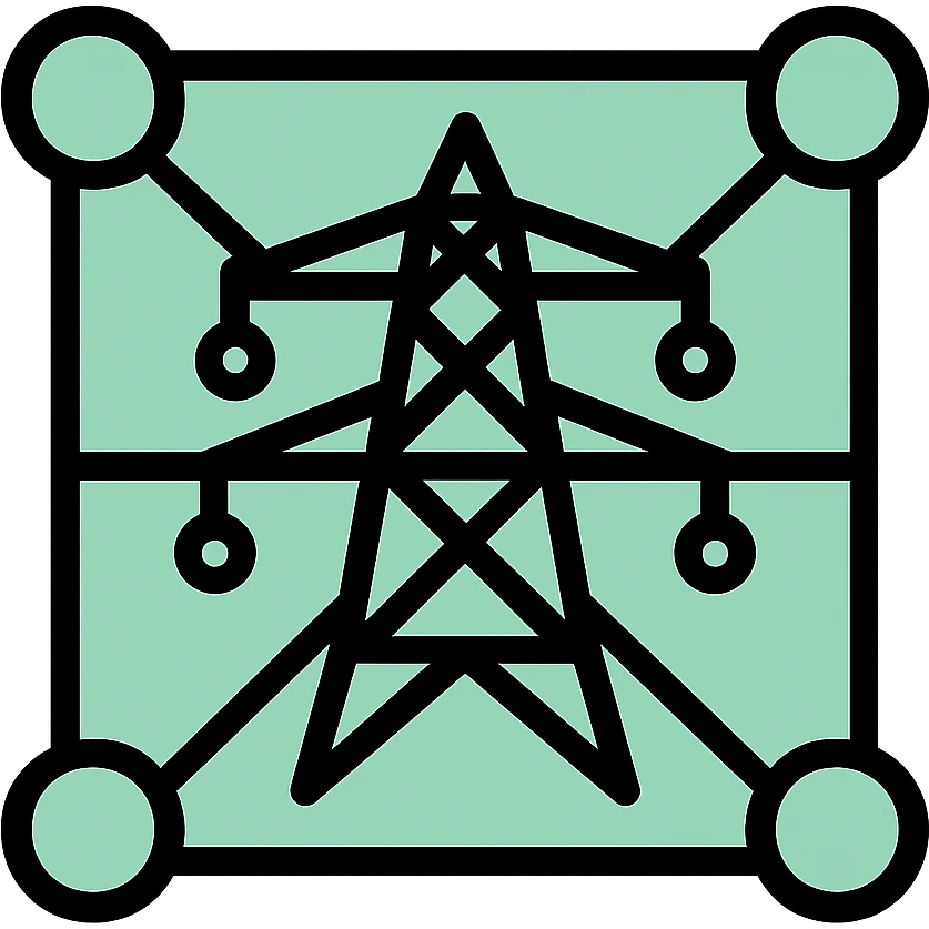 Skeuomorphic smart grid icon with mint green #B5F4D3 and black #111111 color scheme, showing interconnected nodes and power lines in a network pattern, clean symmetric design with subtle depth and soft light emoji