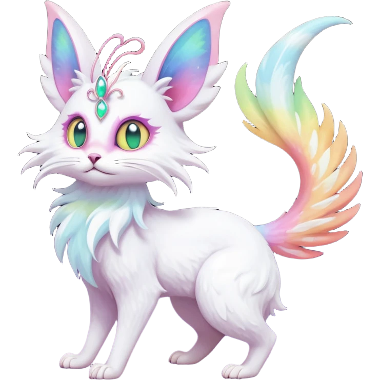 Pure-snow-White albino iridescent with pastel rainbow-gradients-color-markings with swirly patterns butterflies  faerie-Noivern-Noibat-Purloin-Torracat-Lykoi-Caracal-cat-Fakemon-fusion-hybrid-creature-scared emoji