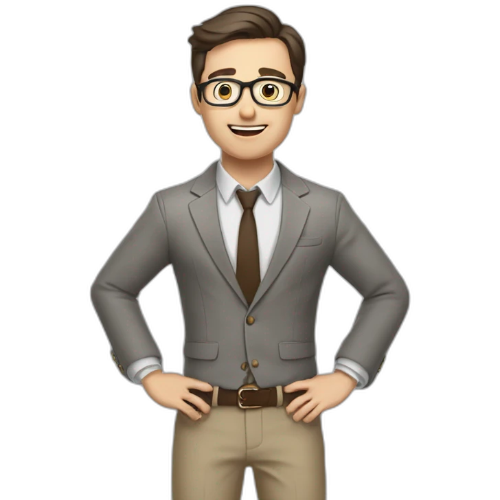 To belt Actively gesturing with hands Pale skinned fit man with dark brown hair in gray jacket, beige office shirt, brown tie, brown pants and vintage glasses. emoji