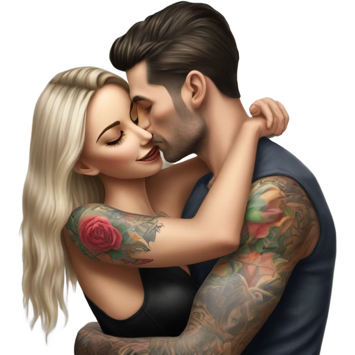 Hyper Realistic beautiful woman in the arms of a very handsome tattooed man kissing on a sofa emoji