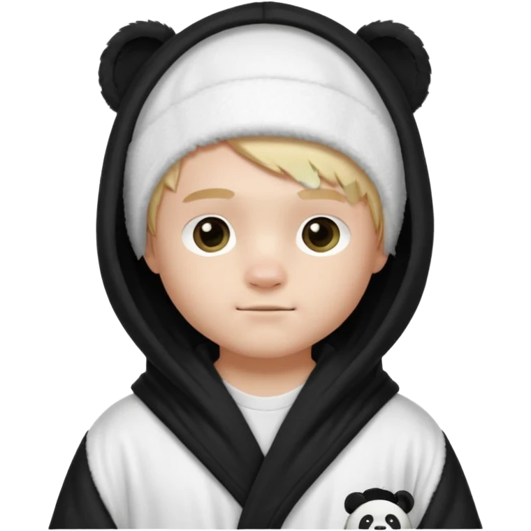 Create a blond boy with long, messy hair, light eyes, a white t-shirt, rich, with long hair, blue eyes, medium-length, voluminous hair, wearing a black Nike bathrobe and a little blush near his nose. and with a panda balaclava, but showing her hair. emoji