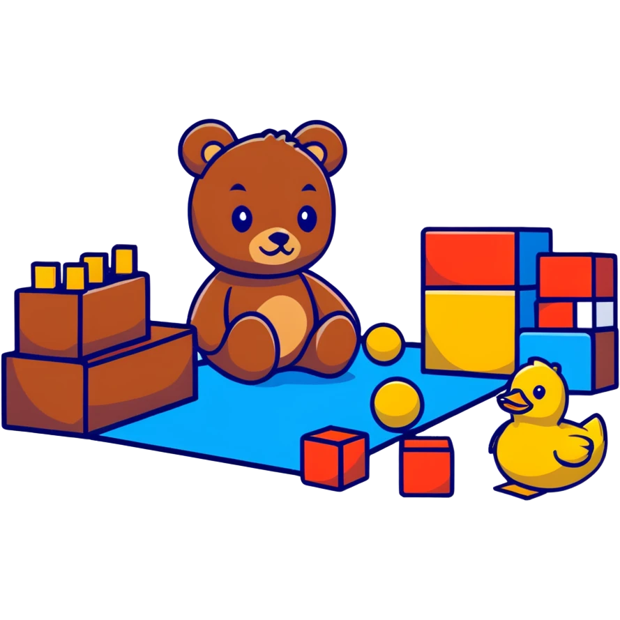scattered children's toys on floor - teddy bear, rubber duck, blocks, ball, action figures emoji
