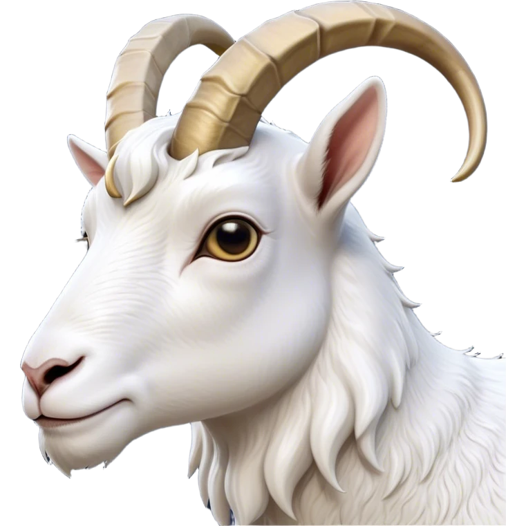 Cinematic Noble White Goat Portrait Emoji, Poised and regal, with a sturdy, agile build and a pristine, smooth white fur accented by gracefully curved horns, deep-set soulful dark eyes, Simplified yet sharp and sophisticated features, highly detailed, glowing with a soft, dignified glow, high shine, intelligent and spirited, stylized with an air of pastoral elegance, focused and attentive, soft glowing outline, capturing the essence of a watchful and confident goat, so majestic it feels as though it could leap out of the screen with effortless authority! emoji