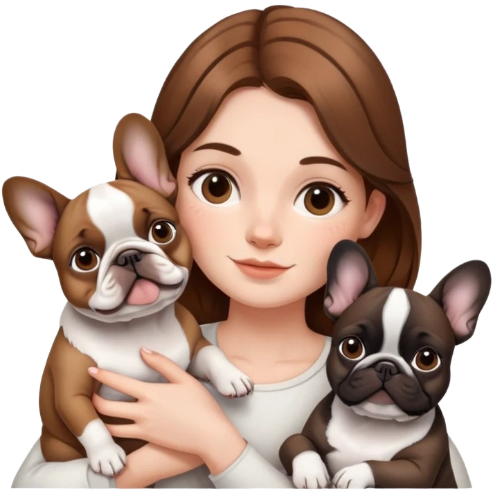 A brown haired girl holding two French bulldogs, one white and one black emoji