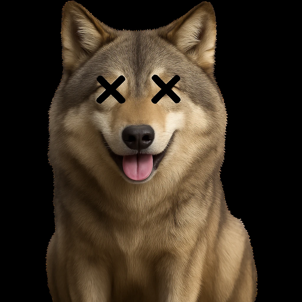 Overlay cartoon X's on the eyes of the wolf, keep everything else 100% identical—pose, style, lighting, and background. Maintain the original style and look exactly as in the reference image. emoji