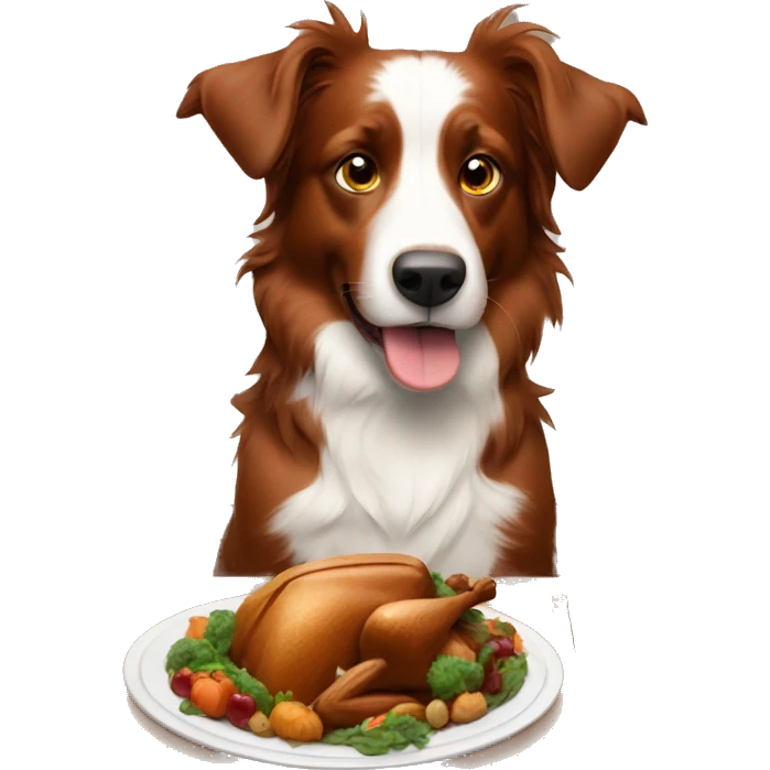 Red tri Aussie eating thanksgiving dinner emoji