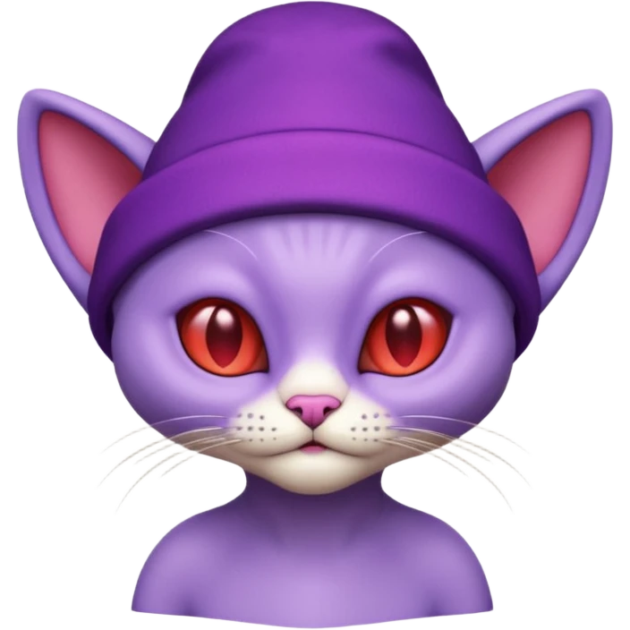 purple alien cat with no fur and red hat emoji