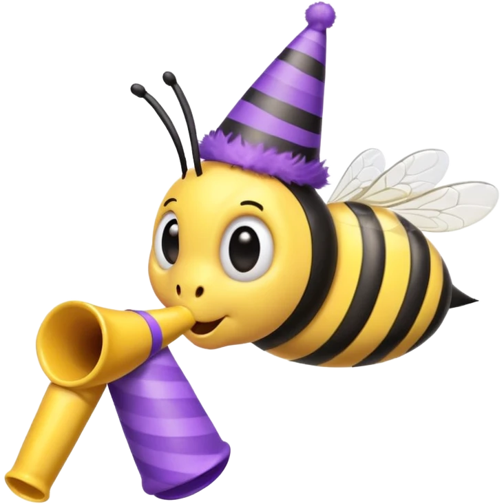 a Bee with purle Birthday Hat, Bee blowing party horn emoji