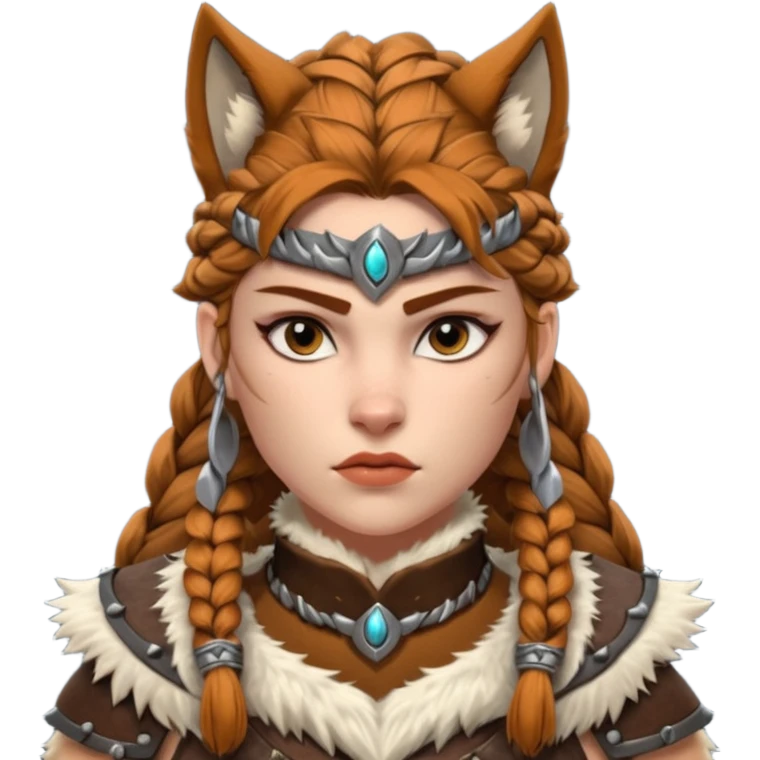 barbarian woman wolf rider portrait, head and shoulders only, fierce female warrior, fur-lined barbarian armor collar, wolf fur details, wild braided hair, intense eyes, tribal warrior vibe, fantasy style, 3D cartoon, mobile game icon style, clean background, no text, no watermark
 emoji