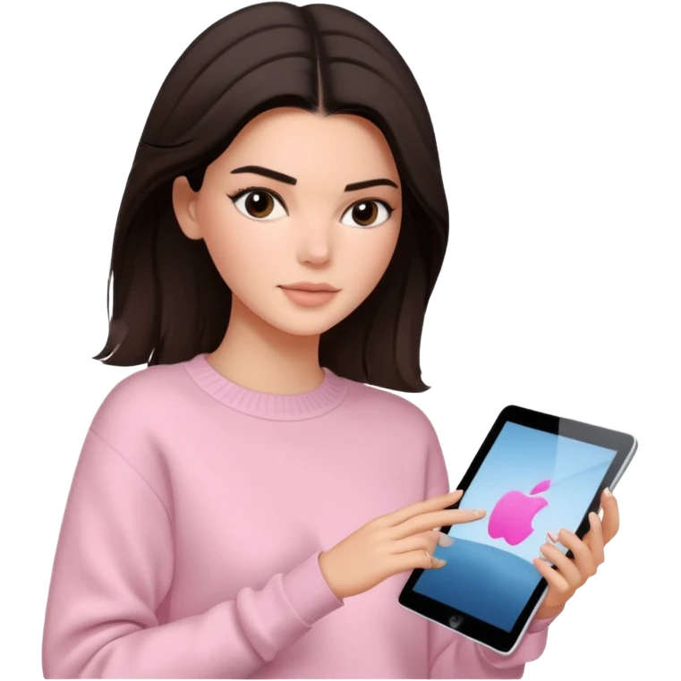 Brunette Kendall Jenner with a light pink sweater holding an ipad emoji