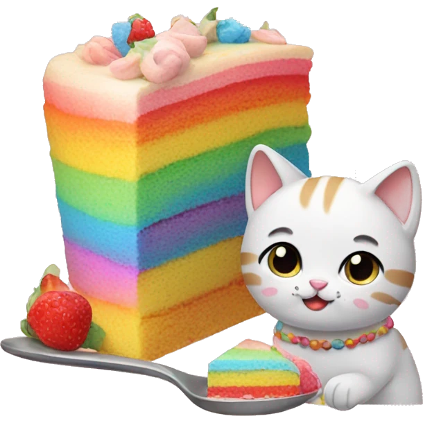 A cute cat eating a rainbow cake emoji