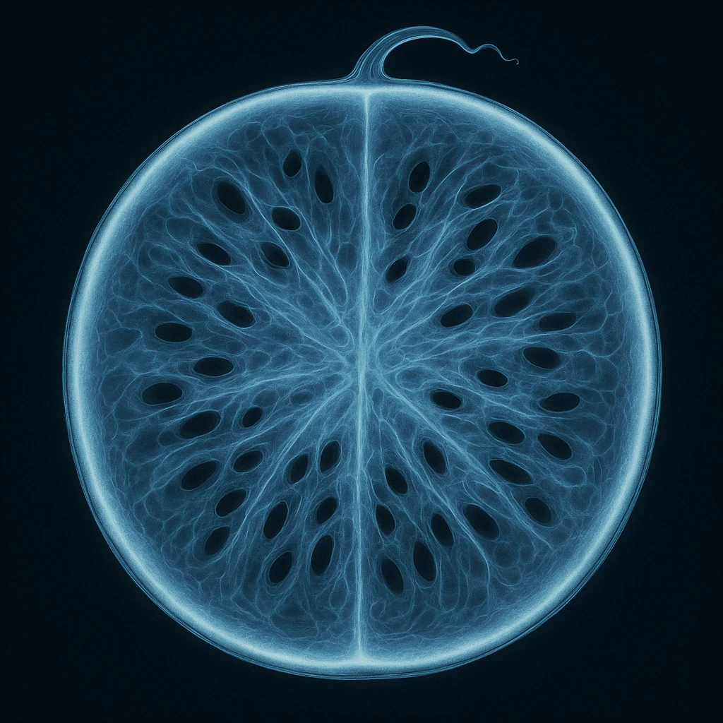 scientific x-ray visualization of a watermelon, focusing on internal details emoji