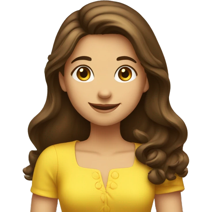 Brunette happy girl with long hair shake her hand for say hi! to someone. She is wearing a yellow dress emoji