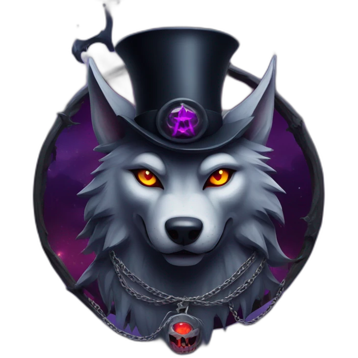 demonic wolf with a pentagram top hat and a pentagram chain with a haunting night background emoji
